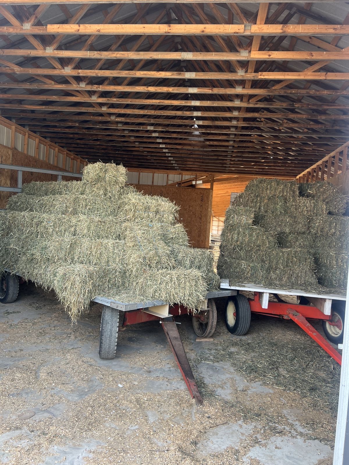 Stocked and ready for the season! Wagons stacked high with quality hay stored safely inside our barn."